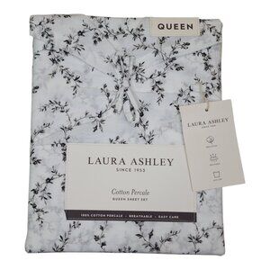 Laura Ashley Cotton Percale Queen Sheet Set Black and White Floral Easy Care